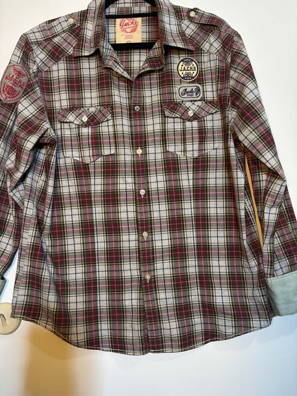 JACHS NY Plaid Long Sleeve Button-Down Western Shirt with Patches Men's XL